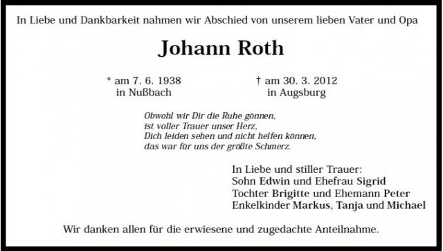 Roth Johann 1938-2012 Todesanzeige